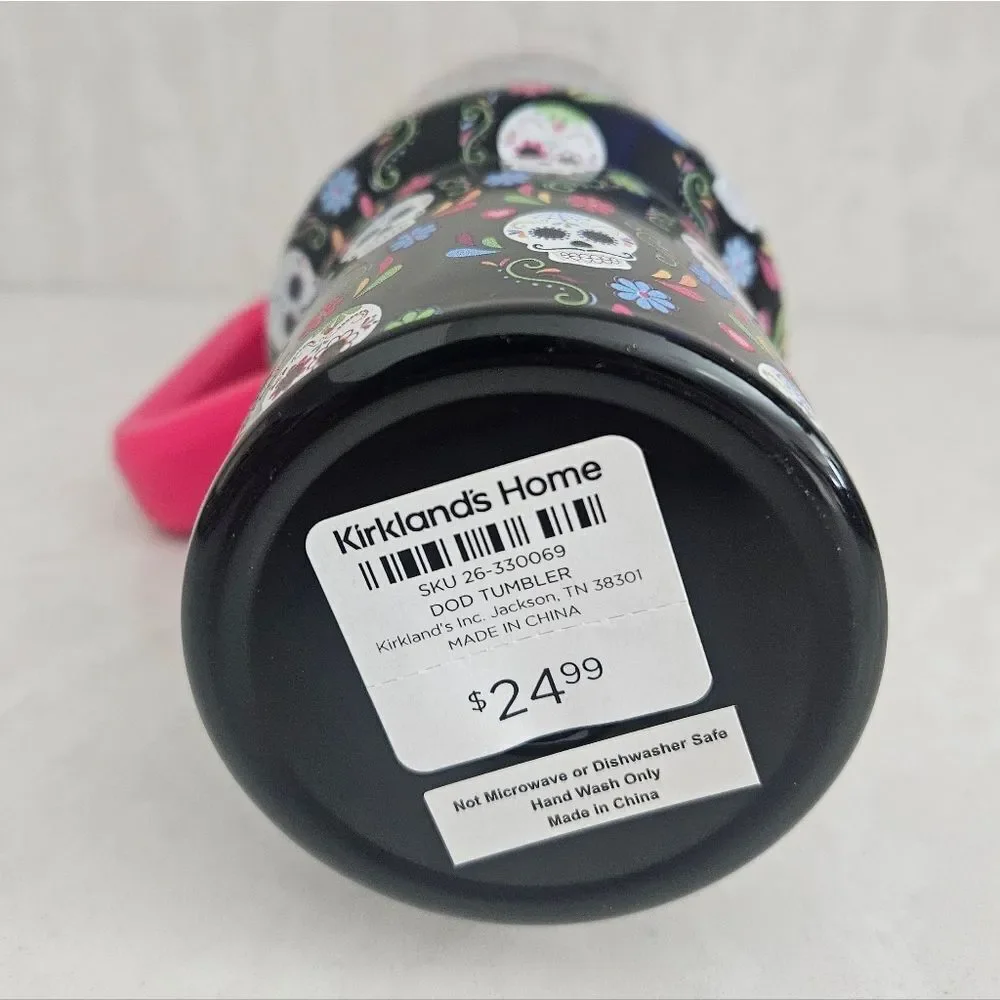 Kirklands Day Of The Dead Floral Travel Tumbler with Pink Handle